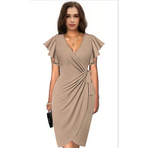 NEW G&Y Deep V Neck Ruffle Sleeve Faux Wrap Career Cocktail Midi Dress
